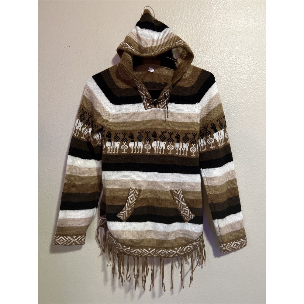 New‎ Peru Lama White Brown Hoodie Pullover Wool Sweater SW78